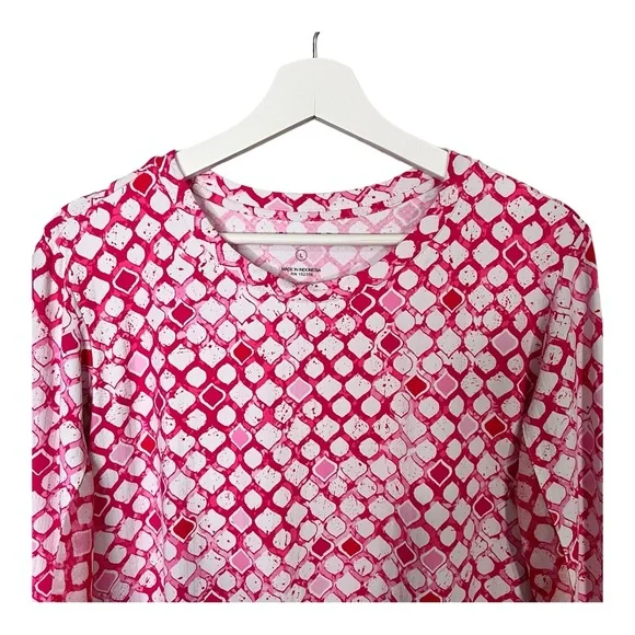 Ibkül Pink White Geo Print Long Mesh Sleeve 1/4 Popover Shift Active Dress Sz L - Picture 2 of 13